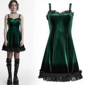 SHEIN Green Velvet Dress with Black Lace Trim